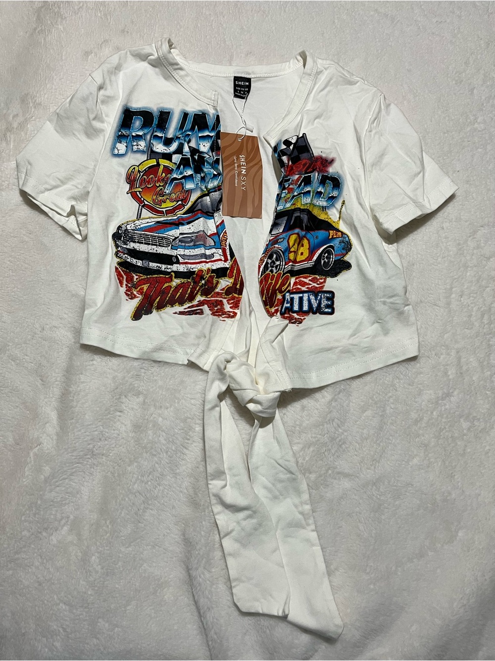 Brand New SHEIN Graphic Tie-Front Crop Top with Racing Print